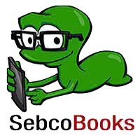 Sebco Books Logo - cartoon worm with glasses reading a book