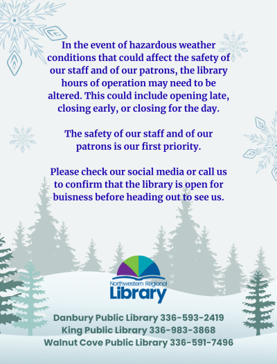 In the even of hazardous weather conditions that could affect the safety of our staff and of our patrons, the library may need to alter its hours of operation. This could include opening late, clo